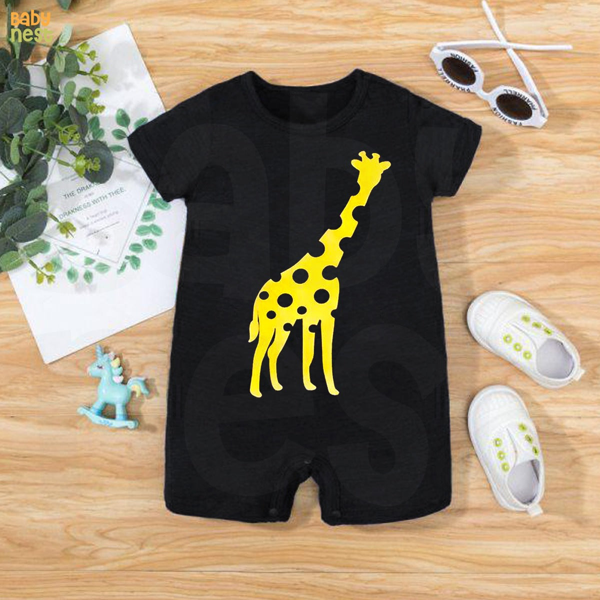 Baby Half Romper - Giraffe - Black
