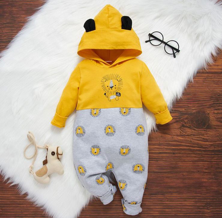 Baby Jumpsuit with Hood - Lion - Yellow & Grey