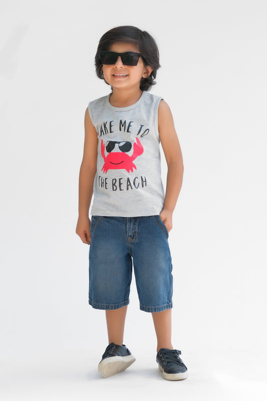 TAKE ME TO THE BEACH Summer-Printed Sandos for Boy - Light Gray