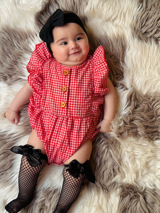 Cherry Red Check Ruffle Onesie