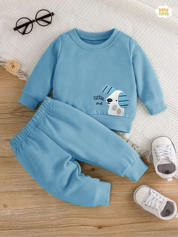 Embroidery Fleece Sweatshirt with Sweatpants - With me - Blue - Kids Wear 2 Pc Set