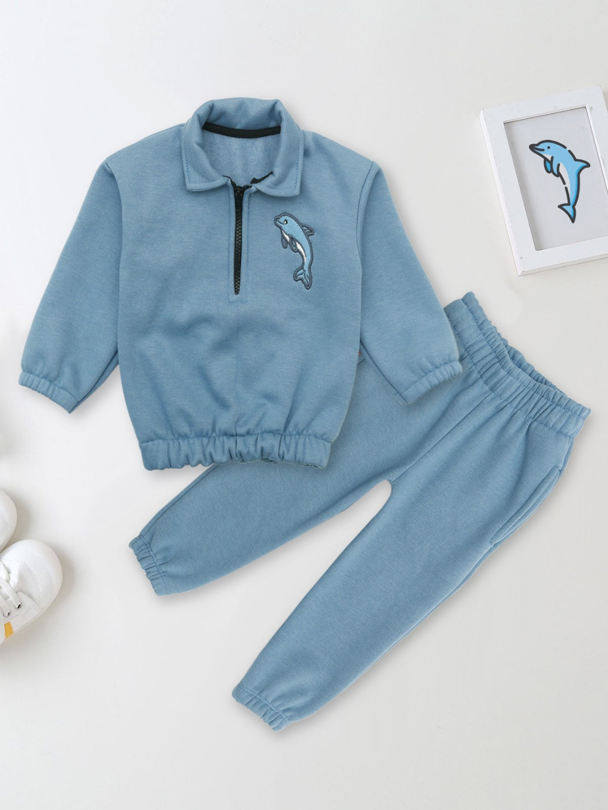 Embroidery Fleece Sweatshirt with Sweatpants - Dolphin - Blue - Kids Wear 2 Pc Set