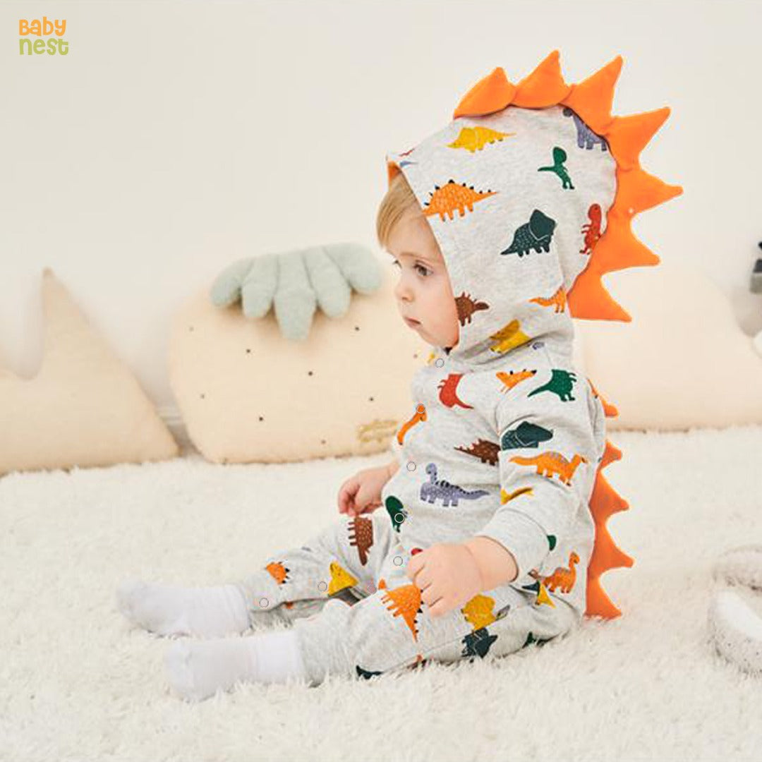 Dinosaur Doodle Hooded Romper Full Sleeves Baby Jumpsuit - Grey