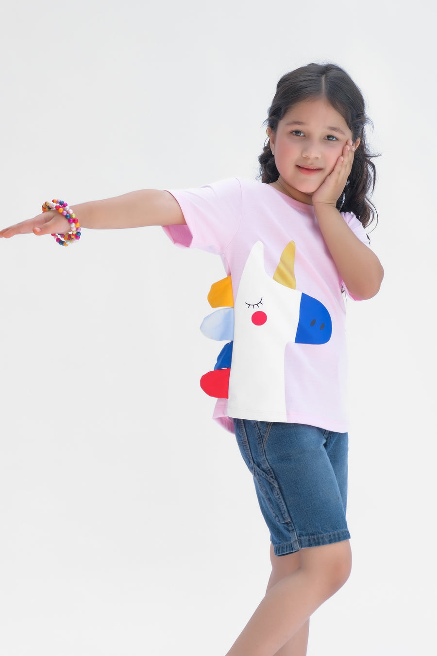 Big Unicorn Half Sleeves T-shirts for Kids - Light Pink