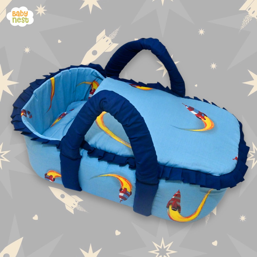 Babynest Boutique Cotton Carry Nest & Sleeping Bag Blue Rocket Print