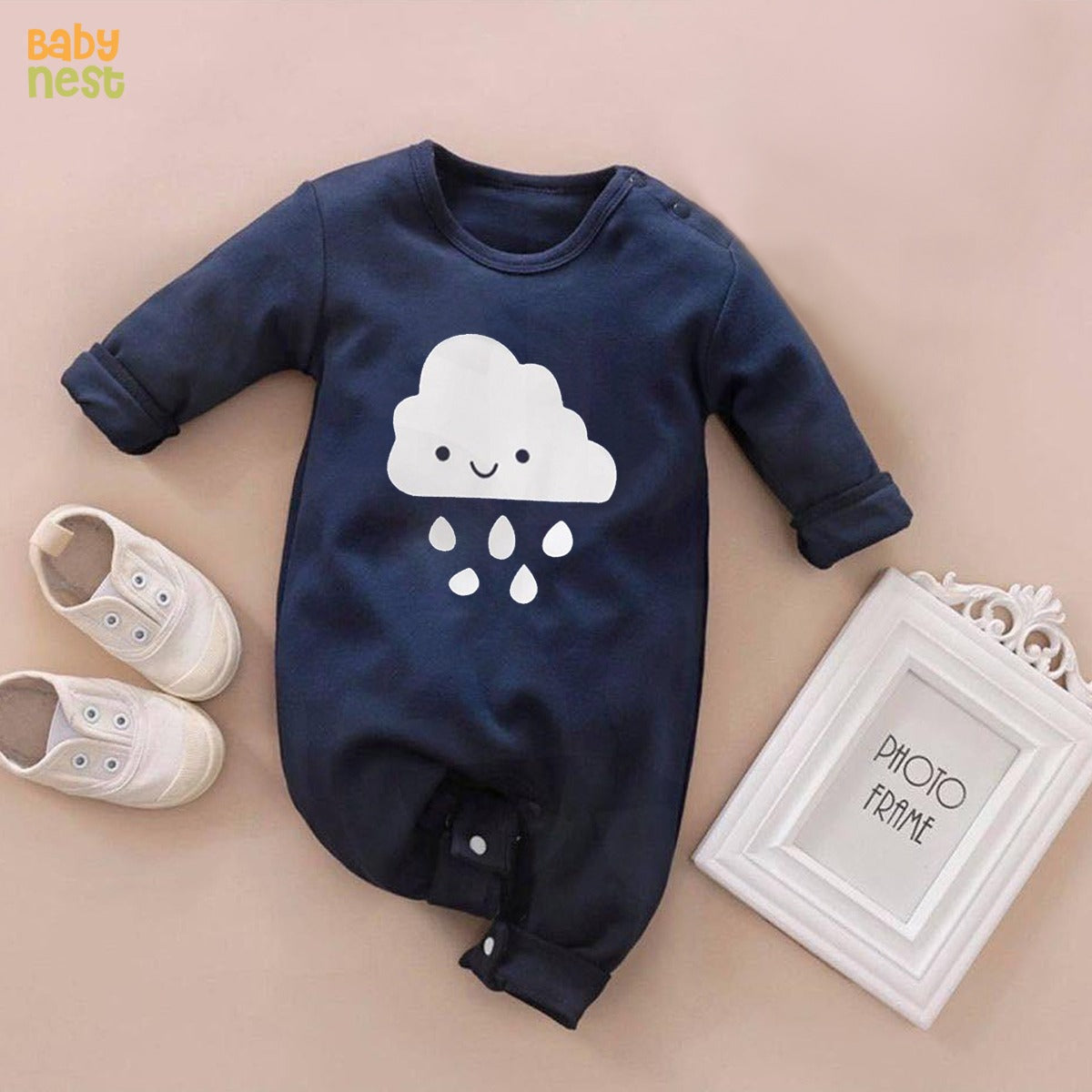 Baby Jumpsuit With Cap - Raining Cloud - Navy Blue