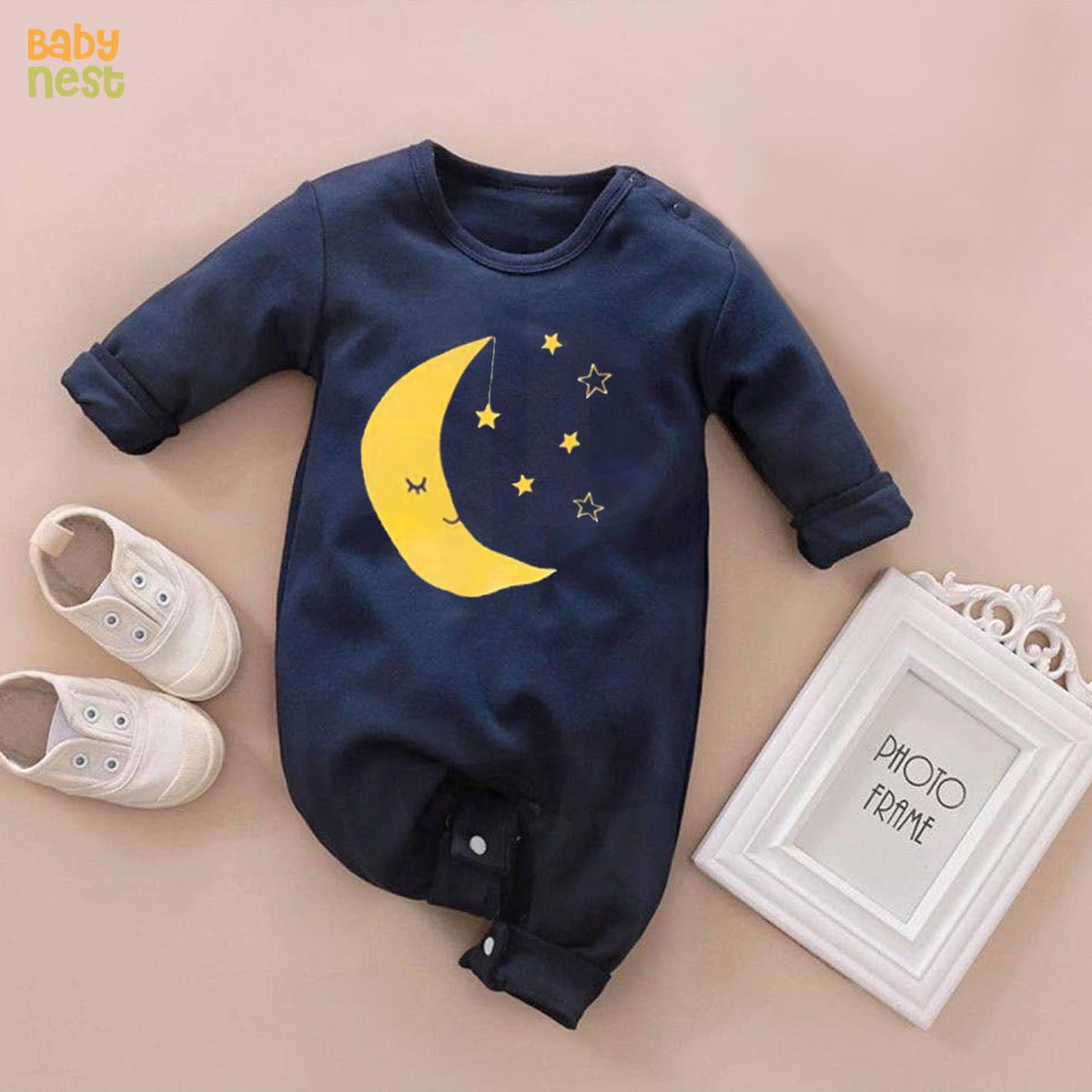 Baby Jumpsuit With Cap - Yellow Moon- Navy Blue