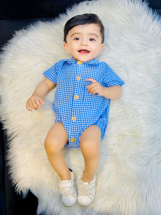 Blue Check Baby Half Romper
