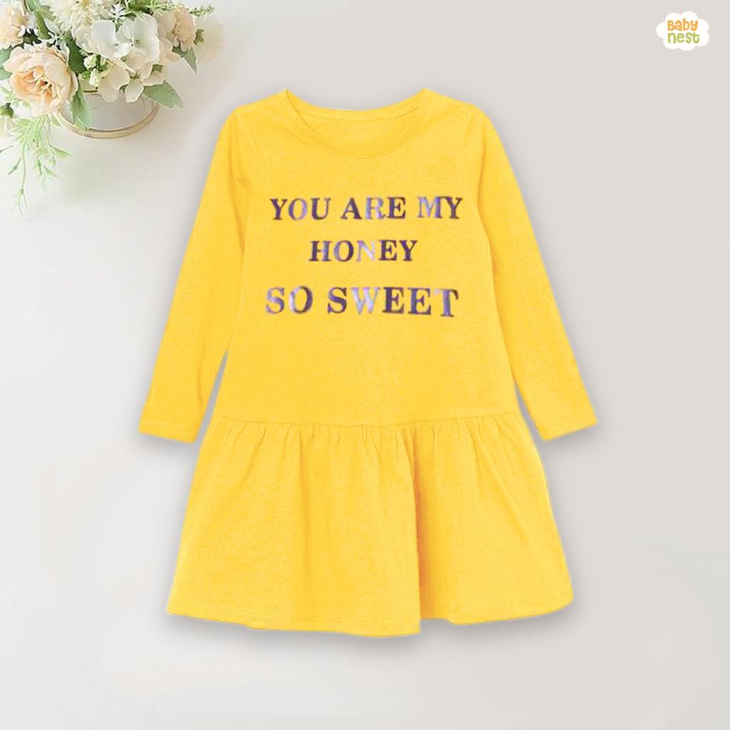 Full Sleeves Baby Printed Frocks ‚Äì You Are My Honey - BNBPF-60-D3 ‚Äì Yellow