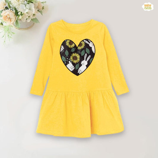 Full Sleeves Baby Printed Frocks - Black Heart - BNBPF-60-D5 - Yellow