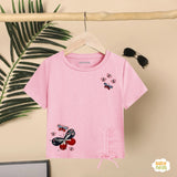 Butterfly with embroidery - Half sleeves T-shirts For Kids - Pink - SBT-362