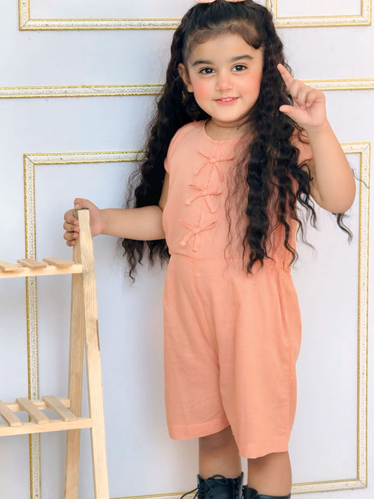 Coral Laces Sleeveless Cotton Baby Jumpsuit - Peach