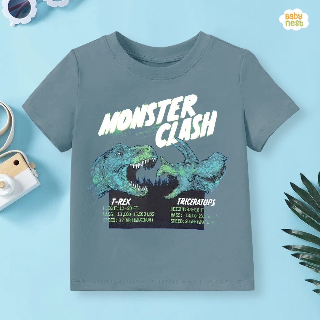 Monster Clash Half Sleeves T-shirt For Kids - Grey - SBT-334