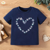 Flowers Heart Half Sleeves T-shirt For Kids - Navy Blue - SBT-339