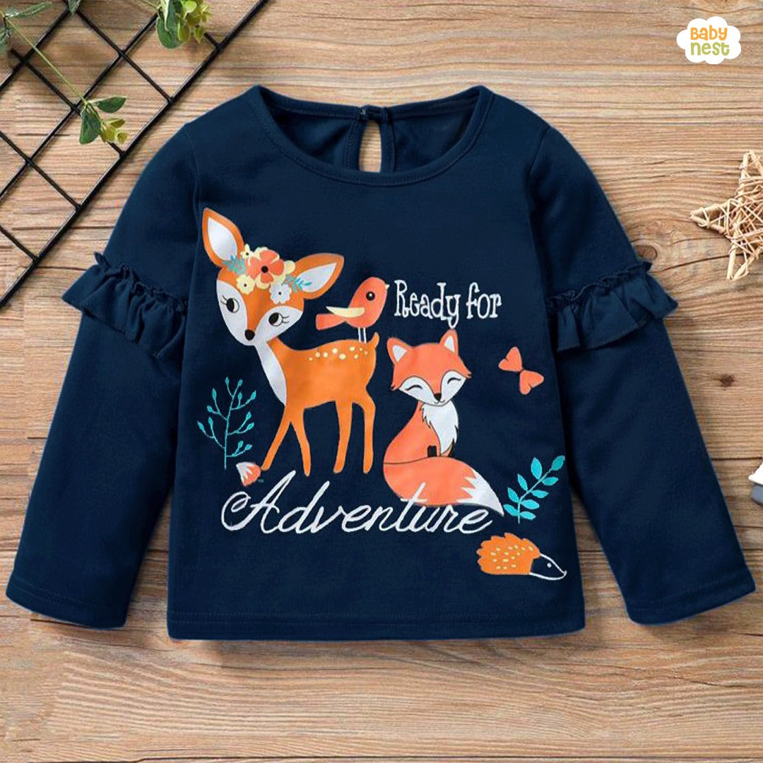 Printed Graphic Ready For Adventure Deer Fox Long Sleeve T-shirt for Girls
