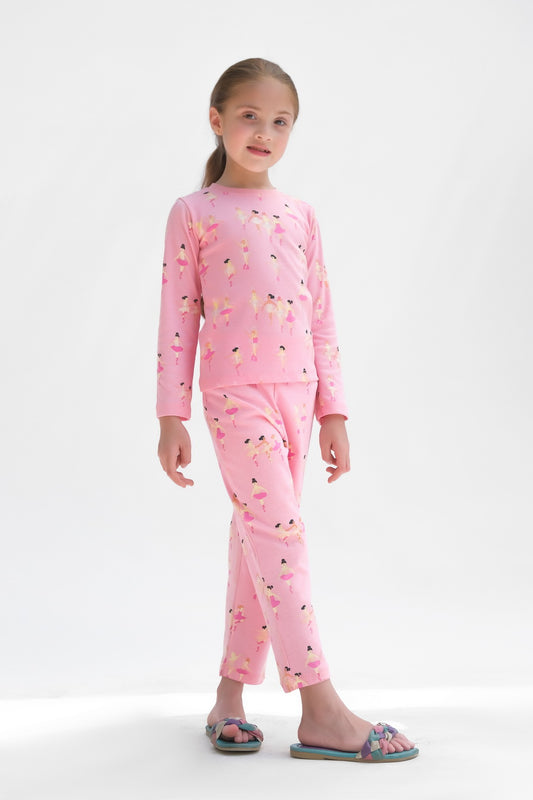 Premium Snug fit Nightsuit - Pink - Dancing girl