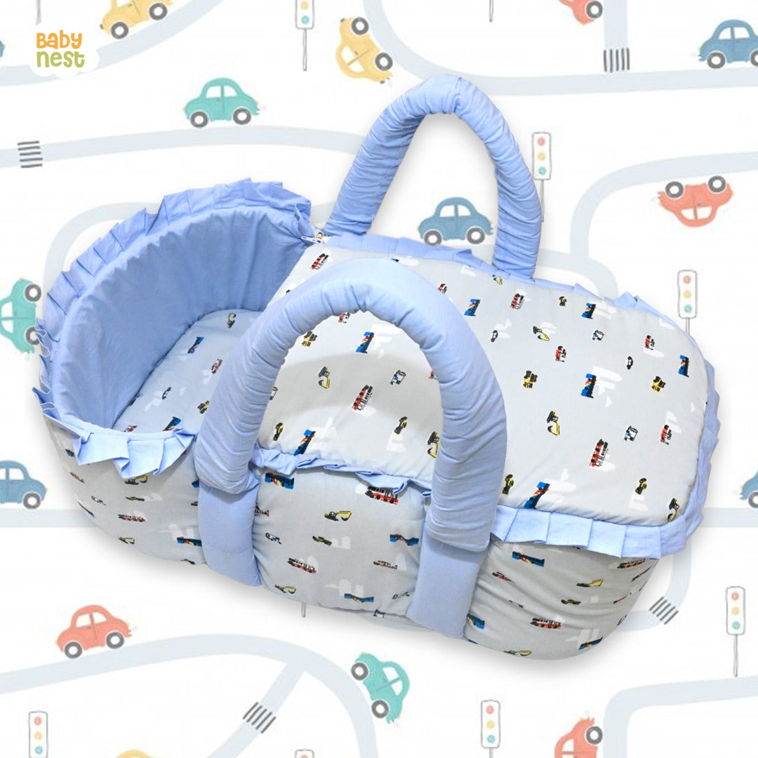 Babynest Boutique Cotton Carry Nest & Sleeping Bag Light Blue Truck Print