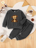 Embroidery Fleece Sweatshirt with Sweatpants - Monkey - Grey - Kids Wear 2 Pc Set