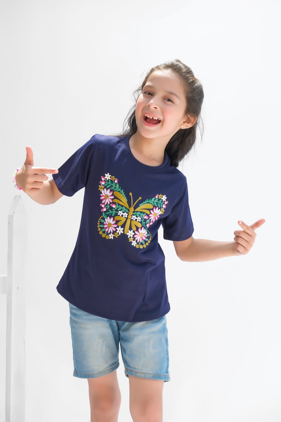 Flowers Pattern Butterfly Half Sleeves T-shirts for Kids - Navy Blue