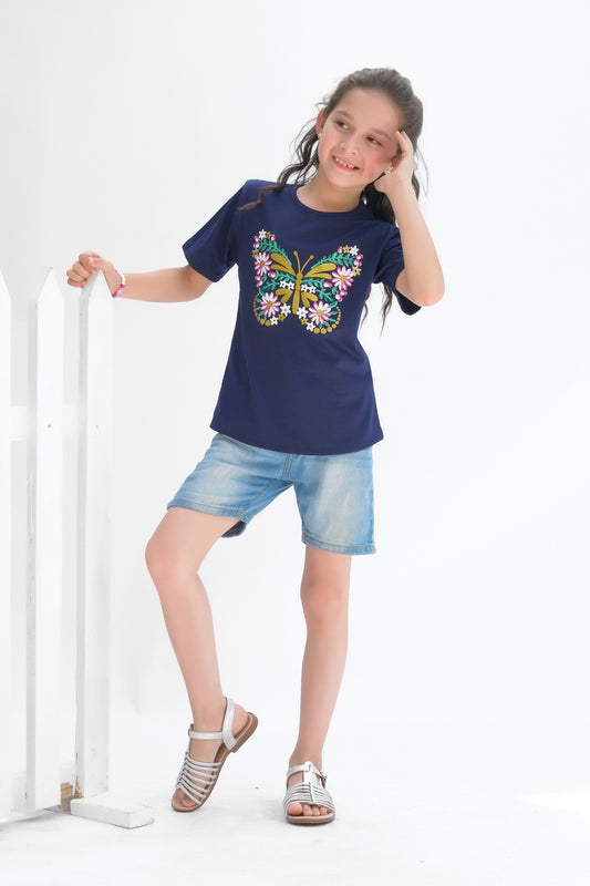 Flowers Pattern Butterfly Half Sleeves T-shirts for Kids - Navy Blue