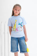 Safari Animals Half Sleeves T-shirts for Kids - Sky Blue