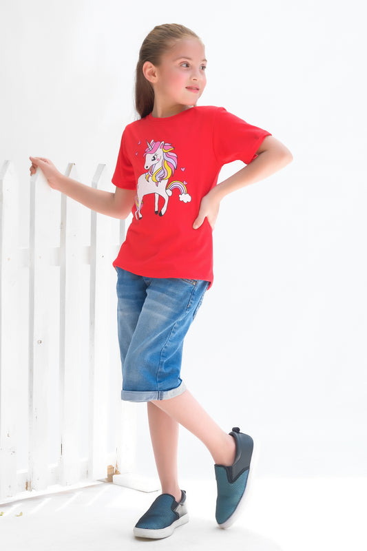 Unicorn - Half sleeves T-shirts For Kids - Red - SBT-348