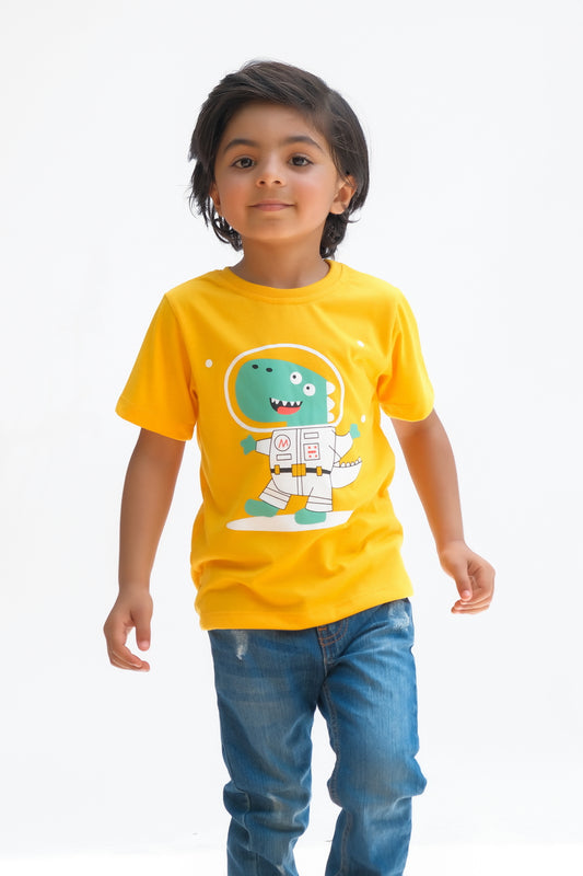 Astronaut Dinosaur - Half sleeves T-shirts For Kids - Yellow - SBT-345