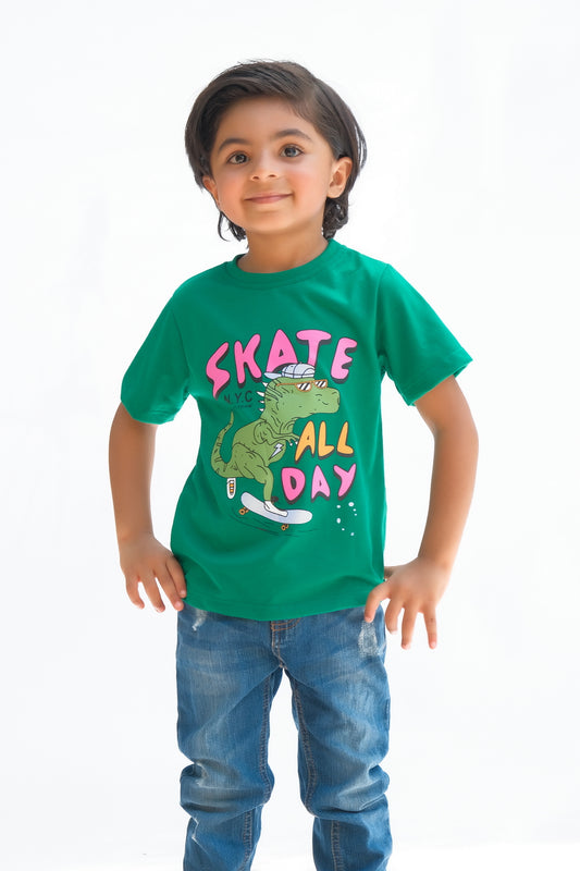 Skate all day - Half sleeves T-shirts For Kids - Green - SBT-340