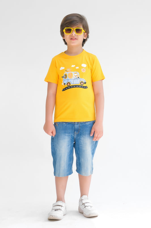 Animal car - Half sleeves T-shirts For Kids - Yellow - SBT-344