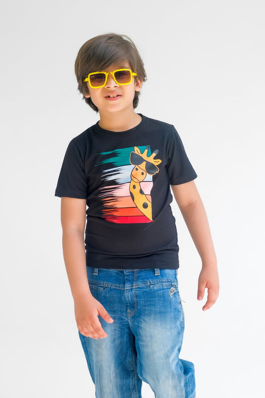 Charming Giraffe - Half Sleeves T-shirts For Boys - Black