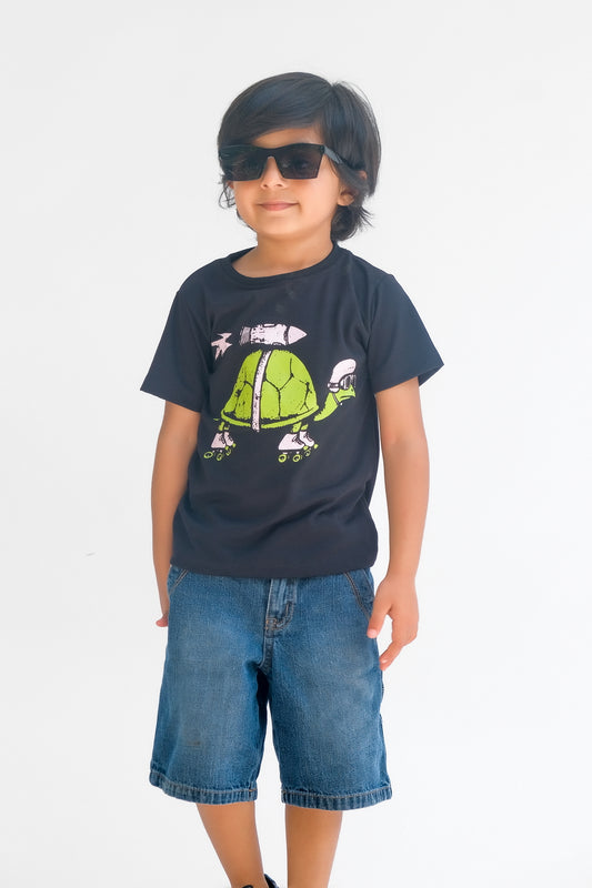 Turtle Rocket - Half sleeves T-shirts For Kids - Black - SBT-347