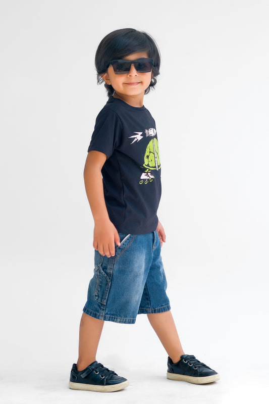 Turtle Rocket - Half sleeves T-shirts For Kids - Black - SBT-347