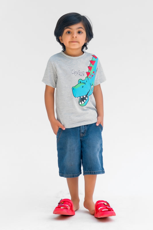 Roar Dino Half Sleeves T-shirts for Kids - Grey