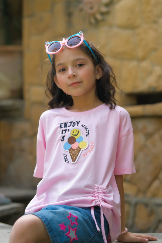 Icecream With Embroidery - Half sleeves T-shirts For Kids - Pink -