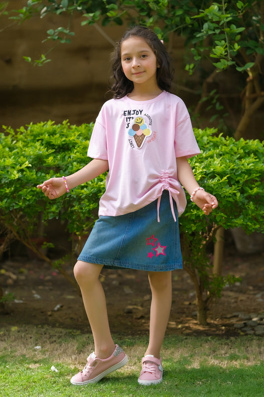 Icecream With Embroidery - Half sleeves T-shirts For Kids - Pink -