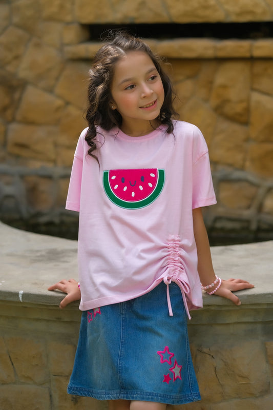 Watermelon with embroidery - Half sleeves T-shirts For Kids - Pink - SBT-358