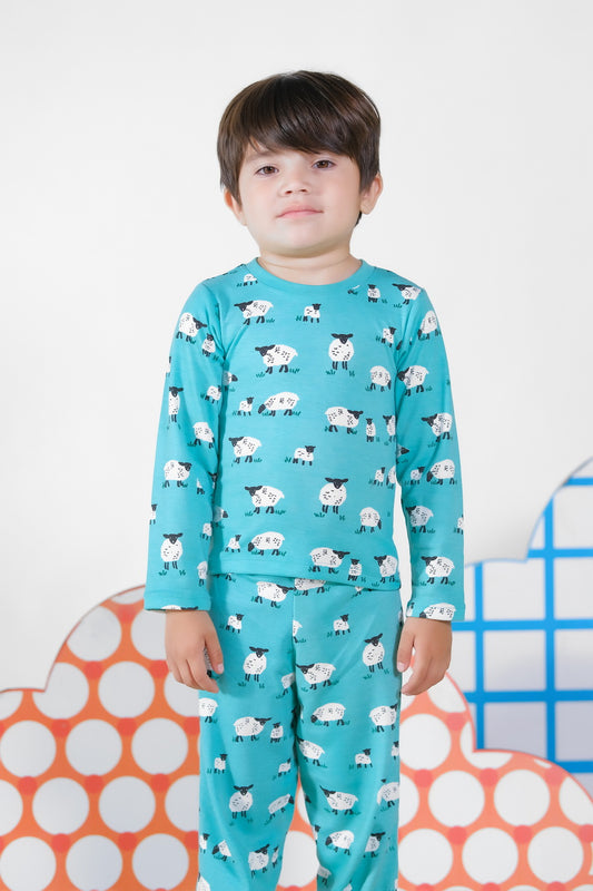 Premium Snug fit Nightsuit - Seagreen - Sheep