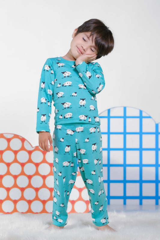 Premium Snug fit Nightsuit - Seagreen - Sheep