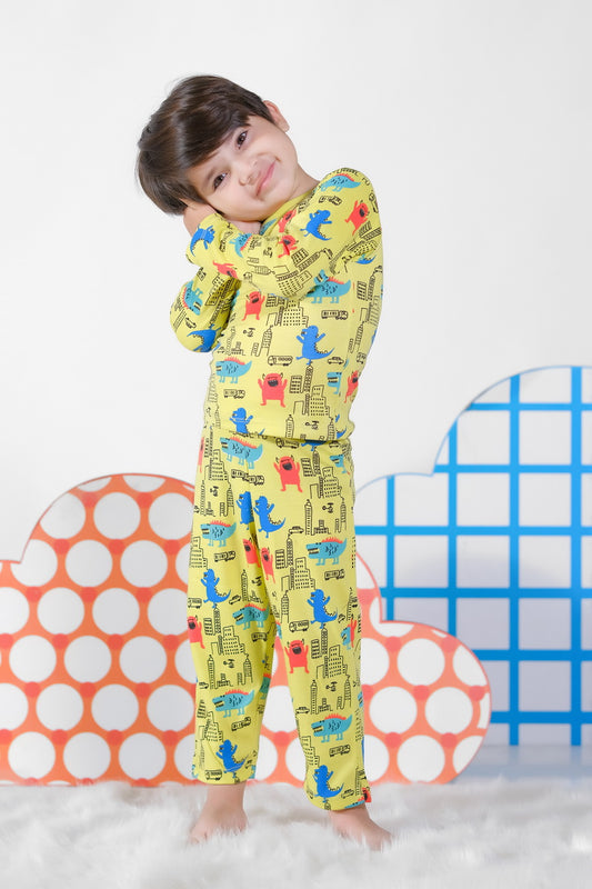 Premium Snug fit Nightsuit - Yellow - Dinosaur