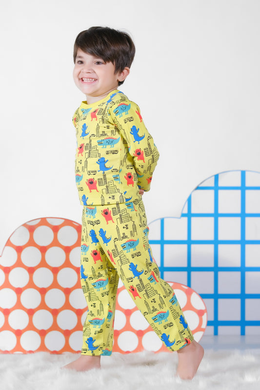 Premium Snug fit Nightsuit - Yellow - Dinosaur