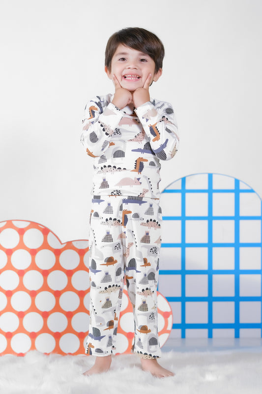 Premium Snug fit Nightsuit - White - Dinosaur