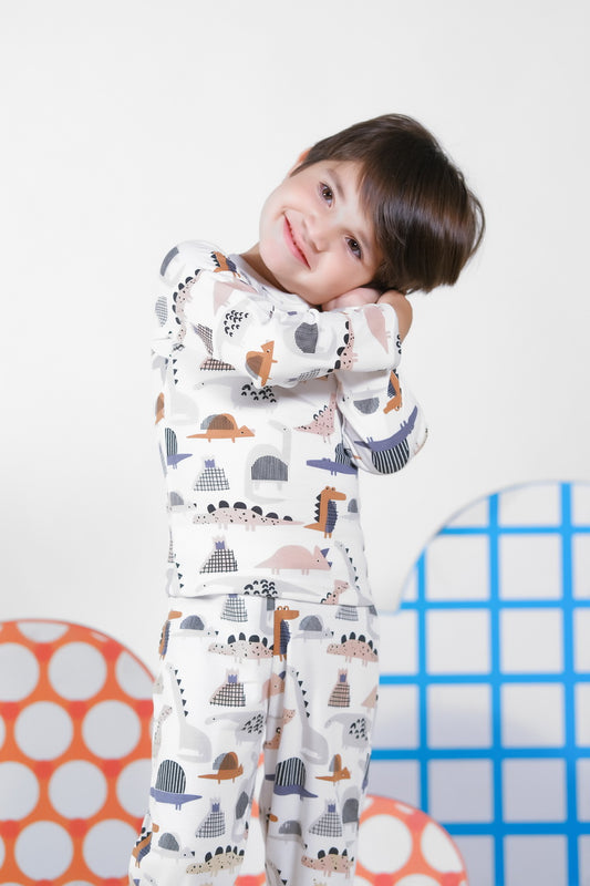 Premium Snug fit Nightsuit - White - Dinosaur