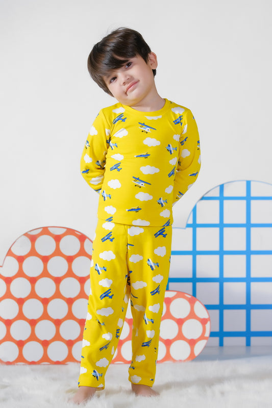 Premium Snug fit Nightsuit - Yellow - Plane