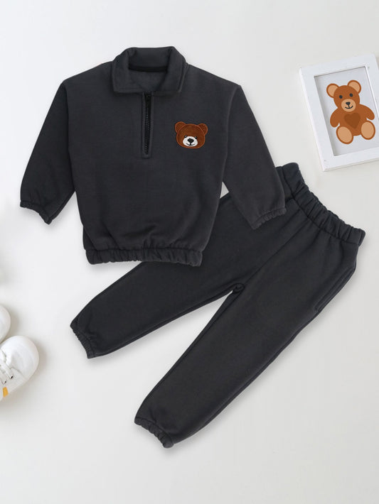 Embroidery Fleece Sweatshirt with Sweatpants - Teddy face - Grey- Kids Wear 2 Pc Set