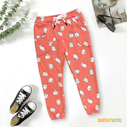 Kids Printed Rabbit Fleece Jogger Pants - Pink - BNBJP-17-D73