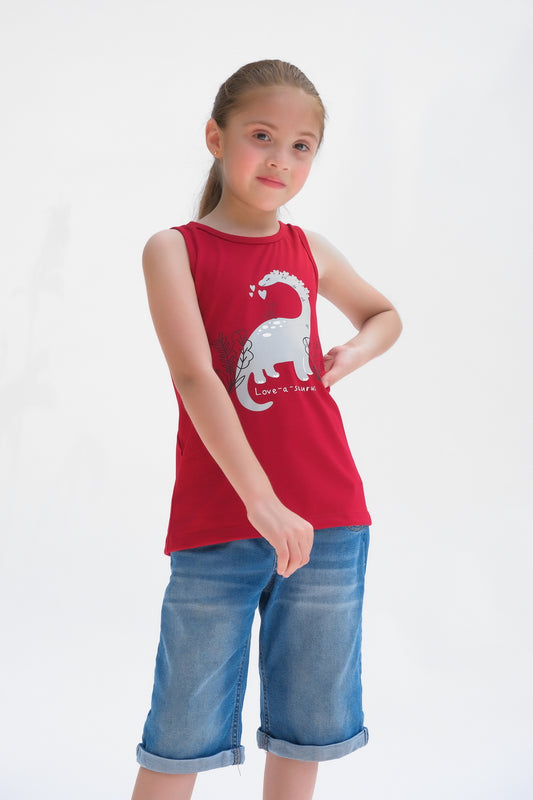 Love A Saurus Printed Sandos for Girls - Maroon