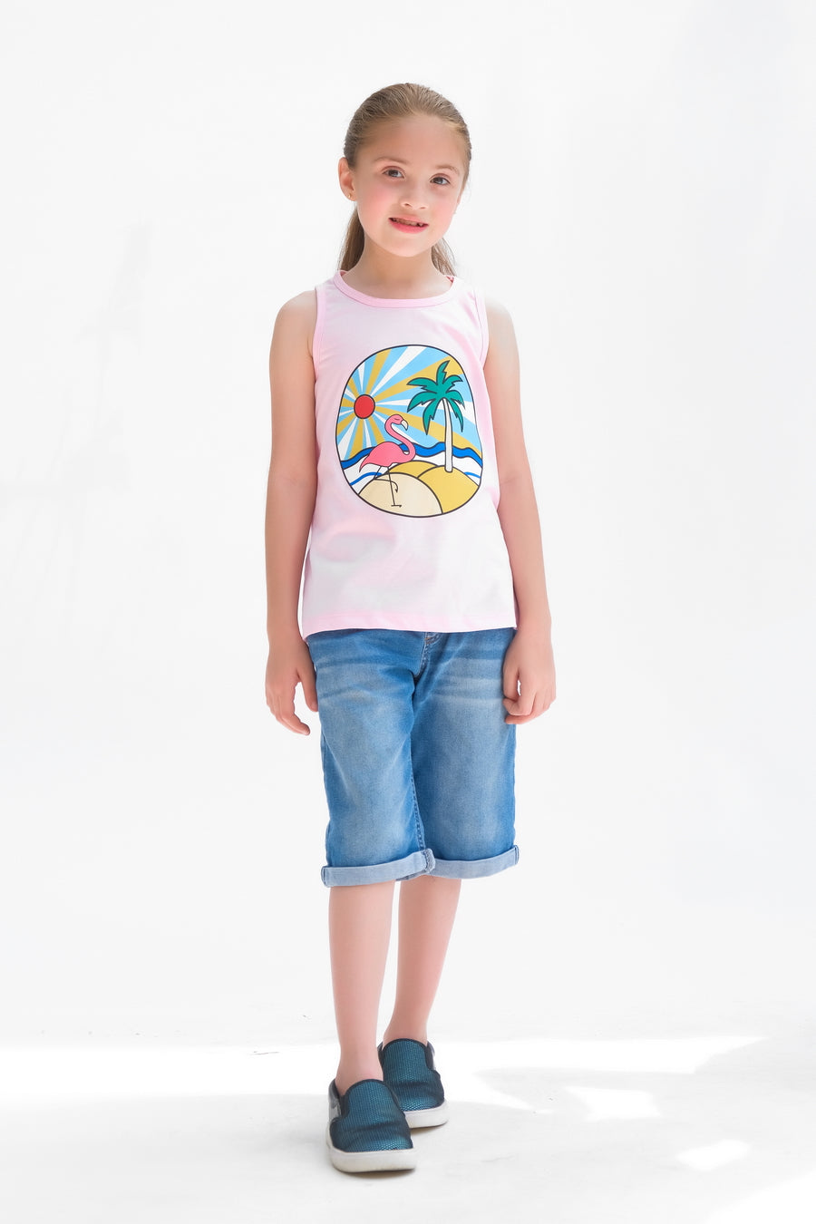 Flamingo Palm Tree Printed Sandos for Girls - Light Pink