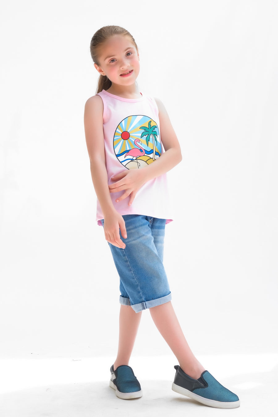 Flamingo Palm Tree Printed Sandos for Girls - Light Pink