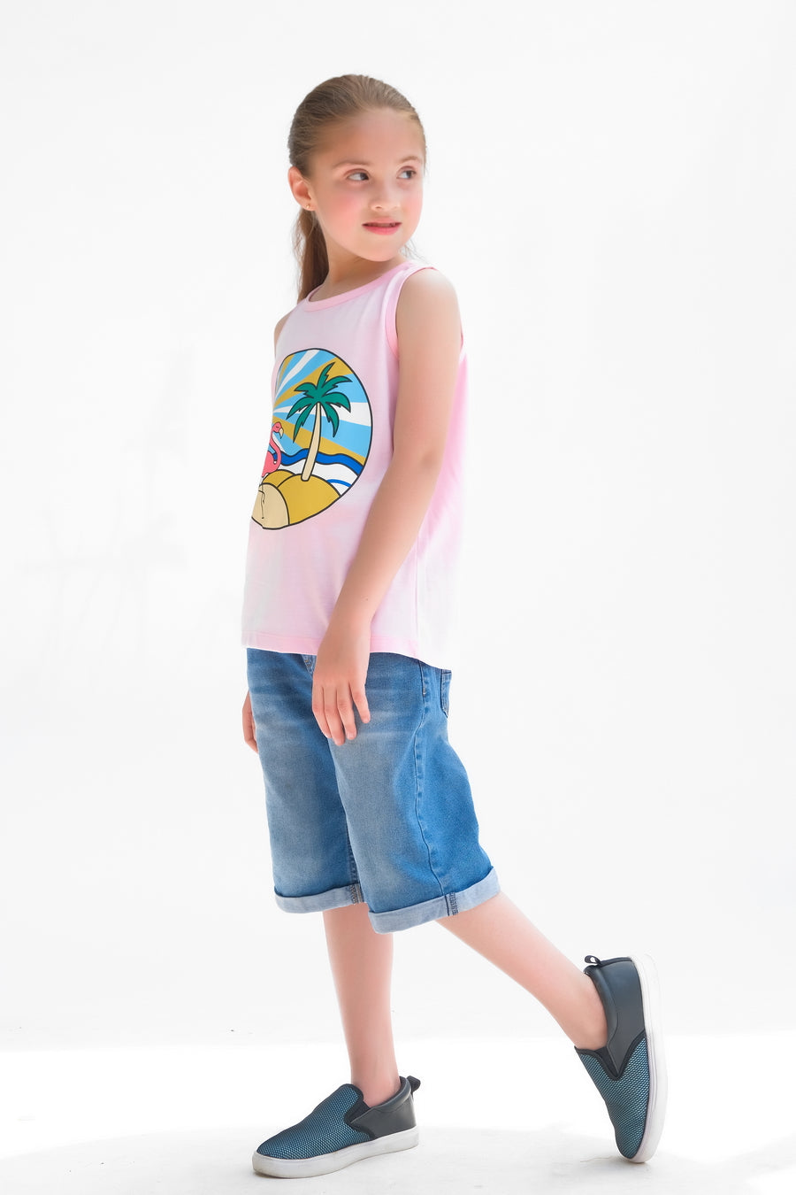 Flamingo Palm Tree Printed Sandos for Girls - Light Pink