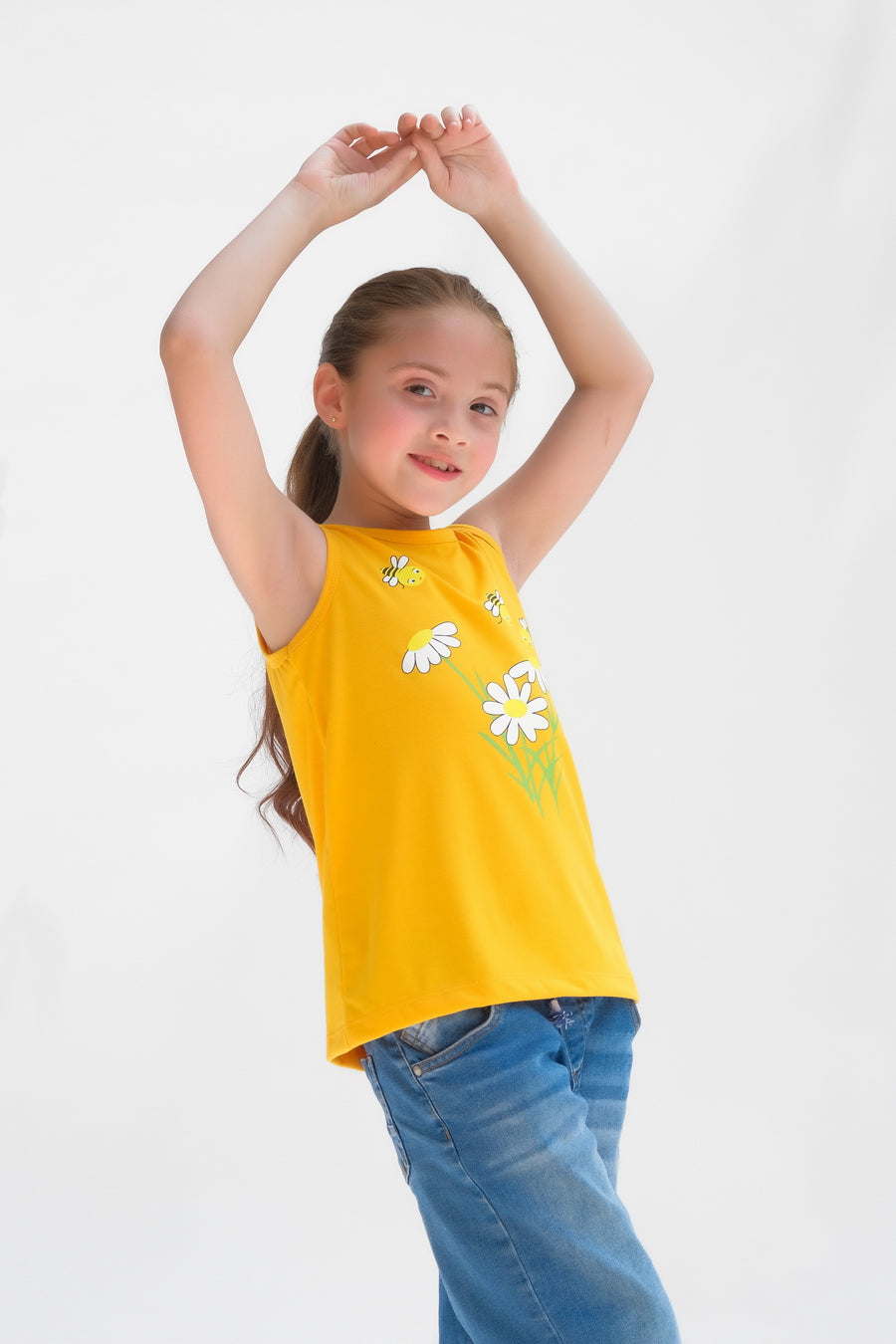Floral Bee Printed Sandos for Girls - Yellow